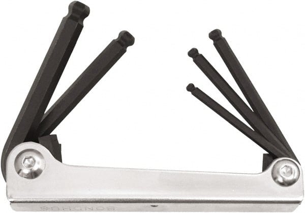 Bondhus - 5 Piece Fold-Up Ball End Hex Key Set - Hex Range 3/16 to 3/8", Protanium High Torque Steel - Exact Tooling