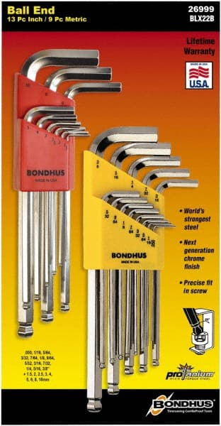 Bondhus - 22 Piece L-Key Ball End Hex Key Set - Hex Range 0.05 to 3/8", Protanium High Torque Steel - Exact Tooling