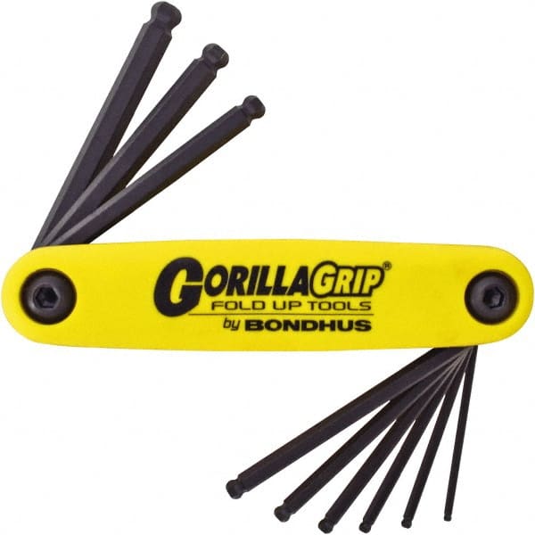 Bondhus - 9 Piece Fold-Up Ball End Hex Key Set - Hex Range 5/64 to 1/4", Protanium High Torque Steel - Exact Tooling
