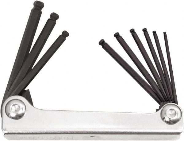 Bondhus - 9 Piece Fold-Up Ball End Hex Key Set - Hex Range 5/64 to 1/4", Protanium High Torque Steel - Exact Tooling