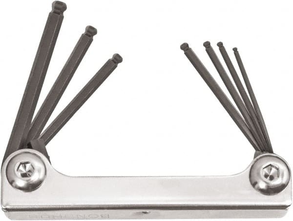 Bondhus - 7 Piece Fold-Up Ball End Hex Key Set - Hex Range 1/16 to 5/32", Protanium High Torque Steel - Exact Tooling
