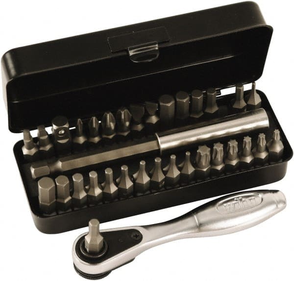Wiha - 31 Piece, 1/4" Drive Screwdriver 1/4" Reversible Ratchet Bit Set - #0 to #3 Phillips, 1/16 to 1/4" Hex, T8 to T30 Torx, 5.5 & 6.5mm Slotted - Exact Tooling