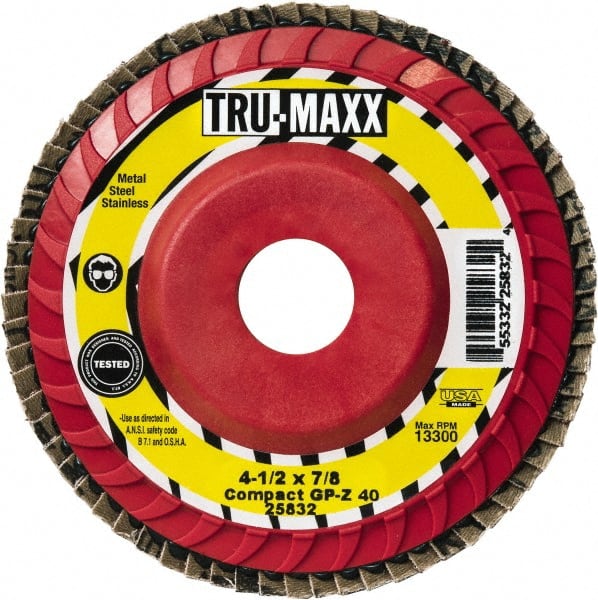 Tru-Maxx - 40 Grit, 4-1/2" Disc Diam, 5/8-11 Center Hole, Compact Zirconia Alumina Flap Disc - 13,300 Max RPM, Polyester Backing, Arbor Attaching System, Coated - Exact Tooling