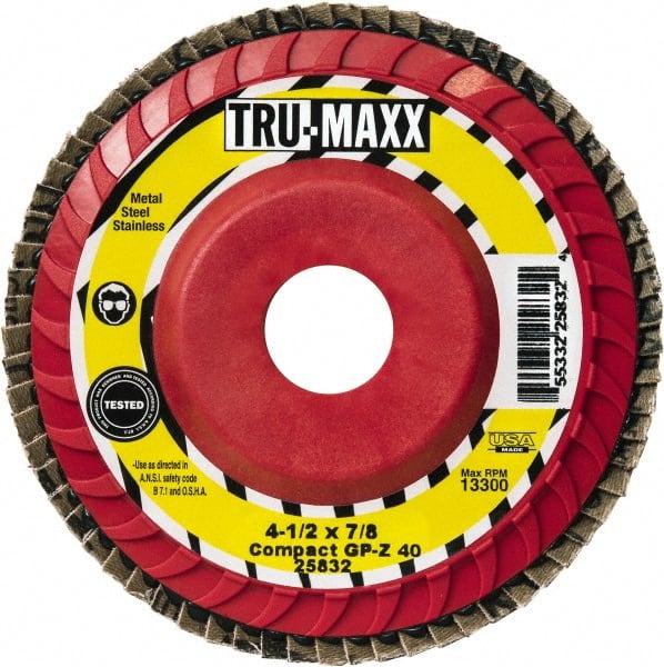 Tru-Maxx - 40 Grit, 4-1/2" Disc Diam, 7/8" Center Hole, Compact Ceramic Flap Disc - 13,300 Max RPM, Fiberglass Backing, Arbor Attaching System, Coated - Exact Tooling
