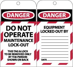 NMC - 3" High x 6" Long, DANGER - DO NOT OPERATE - MAINTENANCE LOCK OUT - THIS TAG & LOCK TO BE REMOVED ONLY BY THE PERSON SHOWN ON BACK, English Safety & Facility Lockout Tag - Tag Header: Danger, 2 Sides, Black, Red & White Synthetic Paper - Exact Tooling