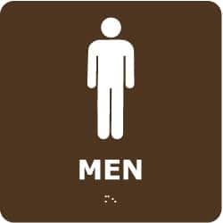 NMC - Men, 8" Wide x 8" High, Plastic Sign - English, Braille, White on Brown, Wall Mount - Exact Tooling