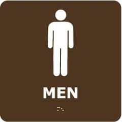 NMC - Men, 8" Wide x 8" High, Plastic Sign - English, Braille, White on Brown, Wall Mount - Exact Tooling