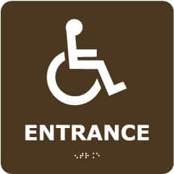 NMC - Entrance, 8" Wide x 8" High, Plastic Sign - English, Braille, White on Brown, Wall Mount - Exact Tooling