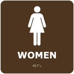 NMC - Women, 8" Wide x 8" High, Plastic Sign - English, Braille, White on Brown, Wall Mount - Exact Tooling