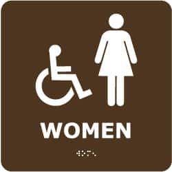 NMC - Women, 8" Wide x 8" High, Plastic Sign - English, Braille, White on Brown, Wall Mount - Exact Tooling