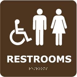 NMC - Restrooms, 8" Wide x 8" High, Plastic Sign - English, Braille, White on Brown, Wall Mount - Exact Tooling
