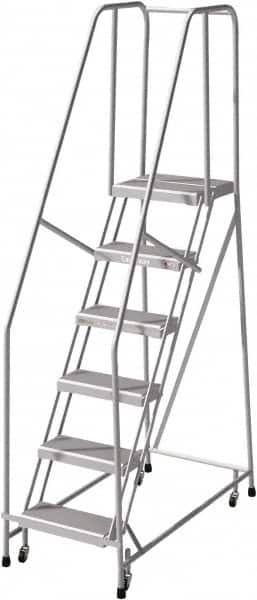 Cotterman - 90" 6 Step Rolling Warehouse Ladder - Rolling Safety Ladder, 350 Lb Capacity, 60" Platform Height, 24" Base Width x 50" Base Depth, Serrated - Exact Tooling