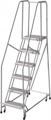 Cotterman - 90" 6 Step Rolling Warehouse Ladder - Rolling Safety Ladder, 350 Lb Capacity, 60" Platform Height, 24" Base Width x 50" Base Depth, Serrated - Exact Tooling