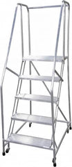 Cotterman - 80" 5 Step Rolling Warehouse Ladder - Rolling Safety Ladder, 350 Lb Capacity, 50" Platform Height, 22" Base Width x 43" Base Depth, Serrated - Exact Tooling