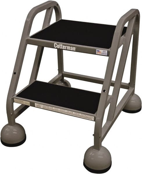 Cotterman - 33" 3 Step Rolling Warehouse Ladder - Rolling Steel Office Ladder, 450 Lb Capacity, 27" Platform Height, 25" Base Width x 34" Base Depth, Rubber Matted - Exact Tooling