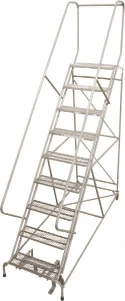 Cotterman - 99" 9 Step Rolling Warehouse Ladder - 50° Incline, 450 Lb Capacity, 90" Platform Height, 32" Base Width x 120" Base Depth, Perforated Tread - Exact Tooling