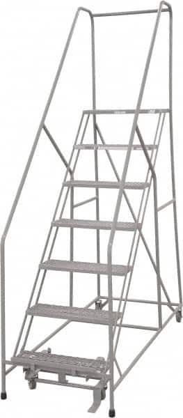 Cotterman - 100" 7 Step Rolling Warehouse Ladder - 50° Incline, 450 Lb Capacity, 70" Platform Height, 30" Base Width x 81" Base Depth, Perforated Tread - Exact Tooling
