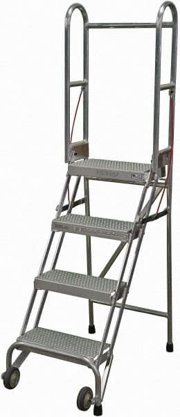 Cotterman - 70" 4 Step Rolling Warehouse Ladder - Portable Folding Safety Ladder, 350 Lb Capacity, 40" Platform Height, 21" Base Width x 36" Base Depth, Perforated Tread - Exact Tooling