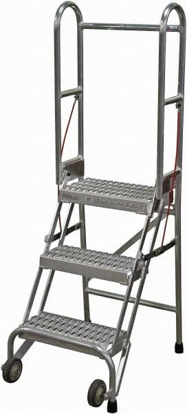 Cotterman - 60" 3 Step Rolling Warehouse Ladder - Portable Folding Safety Ladder, 350 Lb Capacity, 30" Platform Height, 21" Base Width x 28" Base Depth, Serrated - Exact Tooling