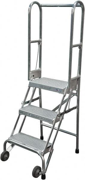 Cotterman - 60" 3 Step Rolling Warehouse Ladder - Portable Folding Safety Ladder, 350 Lb Capacity, 30" Platform Height, 21" Base Width x 28" Base Depth, Perforated Tread - Exact Tooling