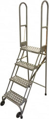 Cotterman - 70" 4 Step Rolling Warehouse Ladder - Portable Folding Safety Ladder, 350 Lb Capacity, 40" Platform Height, 21" Base Width x 36" Base Depth, Serrated Steel - Exact Tooling