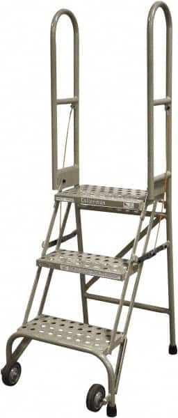 Cotterman - 60" 3 Step Rolling Warehouse Ladder - Portable Folding Safety Ladder, 350 Lb Capacity, 30" Platform Height, 21" Base Width x 28" Base Depth, Perforated Tread - Exact Tooling