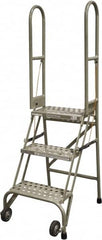 Cotterman - 60" 3 Step Rolling Warehouse Ladder - Portable Folding Safety Ladder, 350 Lb Capacity, 30" Platform Height, 21" Base Width x 28" Base Depth, Perforated Tread - Exact Tooling