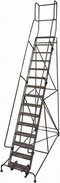 Cotterman - 192" 15 Step Rolling Warehouse Ladder - 50° Incline, 450 Lb Capacity, 150" Platform Height, 44" Base Width x 143" Base Depth, Perforated Tread - Exact Tooling
