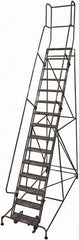 Cotterman - 192" 15 Step Rolling Warehouse Ladder - 50° Incline, 450 Lb Capacity, 150" Platform Height, 44" Base Width x 143" Base Depth, Perforated Tread - Exact Tooling