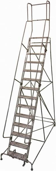 Cotterman - 182" 14 Step Rolling Warehouse Ladder - 50° Incline, 450 Lb Capacity, 140" Platform Height, 44" Base Width x 134" Base Depth, Perforated Tread - Exact Tooling
