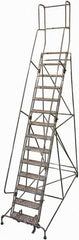 Cotterman - 182" 14 Step Rolling Warehouse Ladder - 50° Incline, 450 Lb Capacity, 140" Platform Height, 44" Base Width x 134" Base Depth, Perforated Tread - Exact Tooling