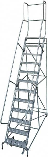 Cotterman - 162" 12 Step Rolling Warehouse Ladder - 50° Incline, 450 Lb Capacity, 120" Platform Height, 34" Base Width x 116" Base Depth, Perforated Tread - Exact Tooling