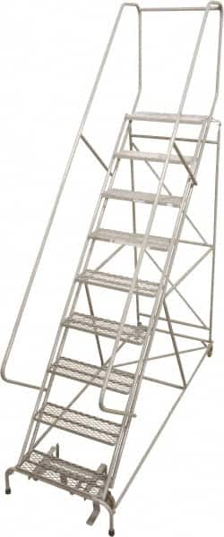 Cotterman - 120" 9 Step Rolling Warehouse Ladder - 50° Incline, 450 Lb Capacity, 90" Platform Height, 34" Base Width x 88" Base Depth, Perforated Tread - Exact Tooling