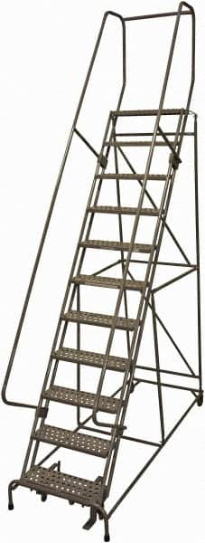 Cotterman - 140" 11 Step Rolling Warehouse Ladder - 50° Incline, 450 Lb Capacity, 110" Platform Height, 34" Base Width x 106" Base Depth, Perforated Tread - Exact Tooling
