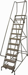 Cotterman - 140" 11 Step Rolling Warehouse Ladder - 50° Incline, 450 Lb Capacity, 110" Platform Height, 34" Base Width x 106" Base Depth, Perforated Tread - Exact Tooling