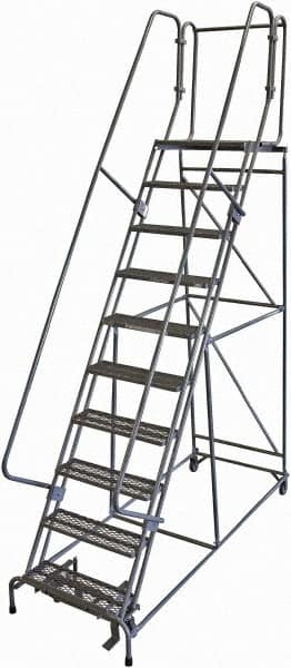 Cotterman - 130" 10 Step Rolling Warehouse Ladder - 50° Incline, 450 Lb Capacity, 100" Platform Height, 34" Base Width x 97" Base Depth, Perforated Tread - Exact Tooling