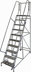 Cotterman - 130" 10 Step Rolling Warehouse Ladder - 50° Incline, 450 Lb Capacity, 100" Platform Height, 34" Base Width x 97" Base Depth, Perforated Tread - Exact Tooling