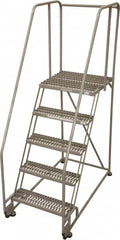 Cotterman - 80" 5 Step Rolling Warehouse Ladder - Tilt & Roll Safety Ladder, 450 Lb Capacity, 50" Platform Height, 28" Base Width x 53" Base Depth, Serrated Steel - Exact Tooling