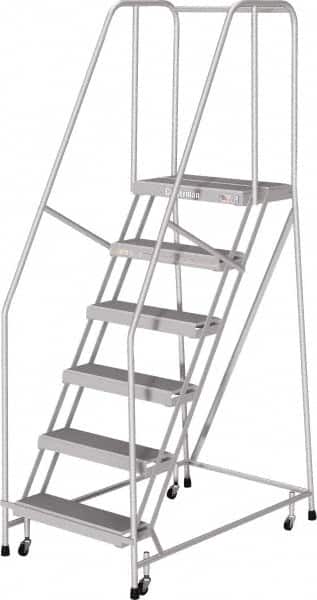 Cotterman - 90" 6 Step Rolling Warehouse Ladder - Rolling Safety Ladder, 350 Lb Capacity, 60" Platform Height, 30" Base Width x 50" Base Depth, Serrated - Exact Tooling
