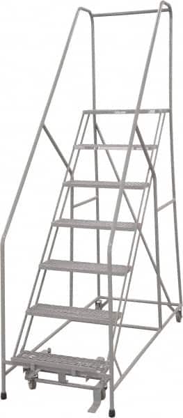 Cotterman - 100" 7 Step Rolling Warehouse Ladder - 50° Incline, 450 Lb Capacity, 70" Platform Height, 30" Base Width x 69" Base Depth, Perforated Tread - Exact Tooling