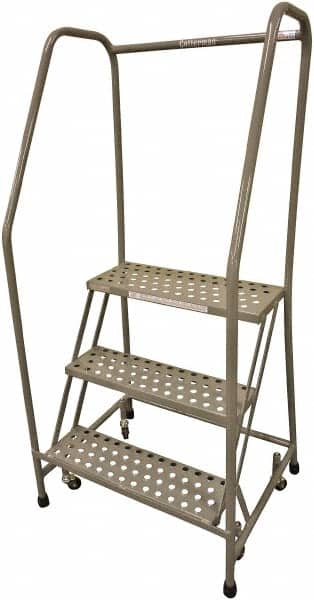 Cotterman - 60" 3 Step Rolling Warehouse Ladder - 50° Incline, 450 Lb Capacity, 30" Platform Height, 20" Base Width x 44" Base Depth, Perforated Tread - Exact Tooling
