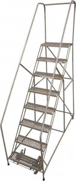 Cotterman - 90" 8 Step Rolling Warehouse Ladder - 50° Incline, 450 Lb Capacity, 80" Platform Height, 32" Base Width x 110" Base Depth, Perforated Tread - Exact Tooling