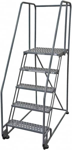 Cotterman - 80" 5 Step Rolling Warehouse Ladder - Tilt & Roll Safety Ladder, 450 Lb Capacity, 50" Platform Height, 28" Base Width x 53" Base Depth, Perforated Tread - Exact Tooling