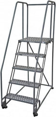 Cotterman - 80" 5 Step Rolling Warehouse Ladder - Tilt & Roll Safety Ladder, 450 Lb Capacity, 50" Platform Height, 28" Base Width x 53" Base Depth, Perforated Tread - Exact Tooling