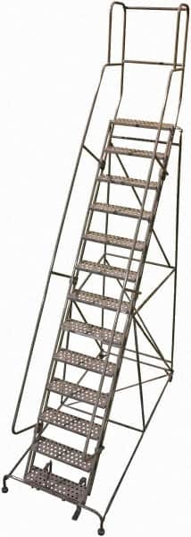 Cotterman - 172" 13 Step Rolling Warehouse Ladder - 50° Incline, 450 Lb Capacity, 130" Platform Height, 44" Base Width x 125" Base Depth, Perforated Tread - Exact Tooling