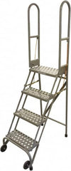 Cotterman - 70" 4 Step Rolling Warehouse Ladder - Portable Folding Safety Ladder, 350 Lb Capacity, 40" Platform Height, 21" Base Width x 36" Base Depth, Perforated Tread - Exact Tooling