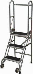 Cotterman - 60" 3 Step Rolling Warehouse Ladder - Portable Folding Safety Ladder, 350 Lb Capacity, 30" Platform Height, 21" Base Width x 28" Base Depth, Rubber Matted - Exact Tooling