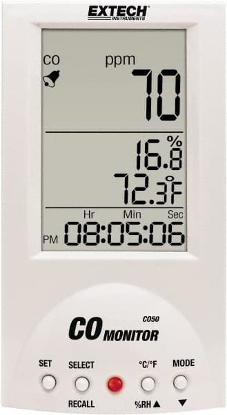 Extech - Audible Alarm, LCD Display, Carbon Monoxide (CO) Meter - Monitors Carbon Monoxide, -10 to 60°C Working Temp, CE Listed - Exact Tooling