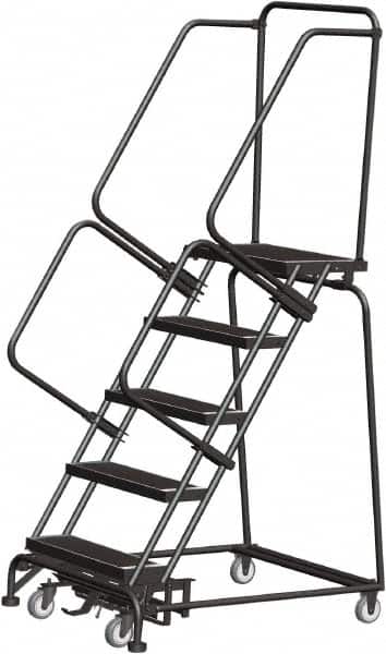 Ballymore - 83" 5 Step Rolling Warehouse Ladder - Lock Step Rolling Safety Ladder, 450 Lb Capacity, 50" Platform Height, 32" Base Width x 43" Base Depth, Perforated Tread - Exact Tooling
