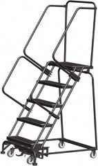 Ballymore - 83" 5 Step Rolling Warehouse Ladder - Lock Step Rolling Safety Ladder, 450 Lb Capacity, 50" Platform Height, 32" Base Width x 43" Base Depth, Perforated Tread - Exact Tooling